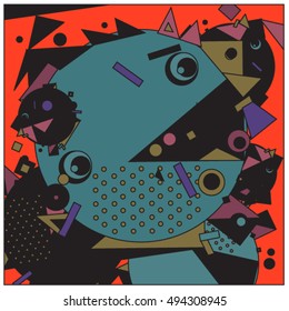 Vector fractal fabric circles random abstract colorful wallpaper pattern background. Bird and fish character illustration with retro style.