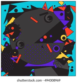Vector fractal fabric circles random abstract colorful wallpaper pattern background. Bird and fish character illustration with retro style.