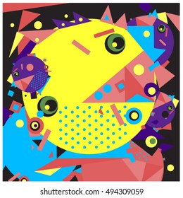 Vector fractal fabric circles random abstract colorful wallpaper pattern background. Bird and fish character illustration with retro style.