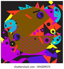 Vector fractal fabric circles random abstract colorful wallpaper pattern background. Bird and fish character illustration with retro style.