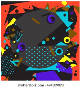 Vector fractal fabric circles random abstract colorful wallpaper pattern background. Bird and fish character illustration with retro style.