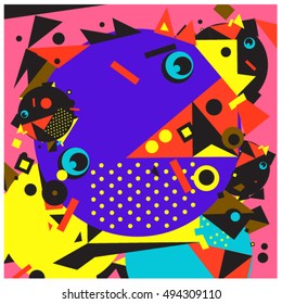 Vector fractal fabric circles random abstract colorful wallpaper pattern background. Bird and fish character illustration with retro style.