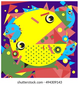 Vector fractal fabric circles random abstract colorful wallpaper pattern background. Bird and fish character illustration with retro style.