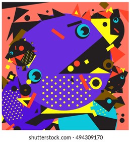 Vector fractal fabric circles random abstract colorful wallpaper pattern background. Bird and fish character illustration with retro style.