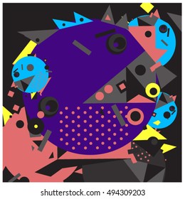 Vector fractal fabric circles random abstract colorful wallpaper pattern background. Bird and fish character illustration with retro style.