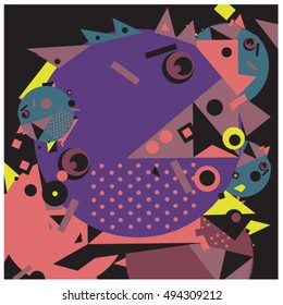 Vector fractal fabric circles random abstract colorful wallpaper pattern background. Bird and fish character illustration with retro style.