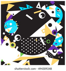 Vector fractal fabric circles random abstract colorful wallpaper pattern background. Bird and fish character illustration with retro style.