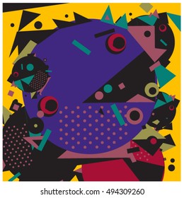 Vector fractal fabric circles random abstract colorful wallpaper pattern background. Bird and fish character illustration with retro style.