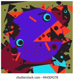 Vector fractal fabric circles random abstract colorful wallpaper pattern background. Bird and fish character illustration with retro style.
