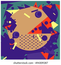 Vector fractal fabric circles random abstract colorful wallpaper pattern background. Bird and fish character illustration with retro style.