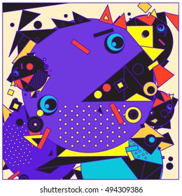 Vector fractal fabric circles random abstract colorful wallpaper pattern background. Bird and fish character illustration with retro style.