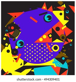 Vector fractal fabric circles random abstract colorful wallpaper pattern background. Bird and fish character illustration with retro style.