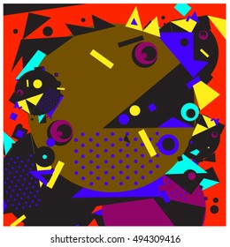 Vector fractal fabric circles random abstract colorful wallpaper pattern background. Bird and fish character illustration with retro style.