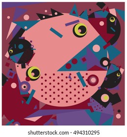 Vector fractal fabric circles random abstract colorful wallpaper pattern background. Bird and fish character illustration with retro style.