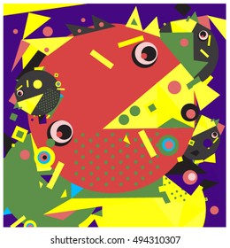 Vector fractal fabric circles random abstract colorful wallpaper pattern background. Bird and fish character illustration with retro style.