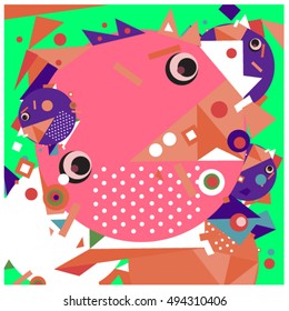 Vector fractal fabric circles random abstract colorful wallpaper pattern background. Bird and fish character illustration with retro style.