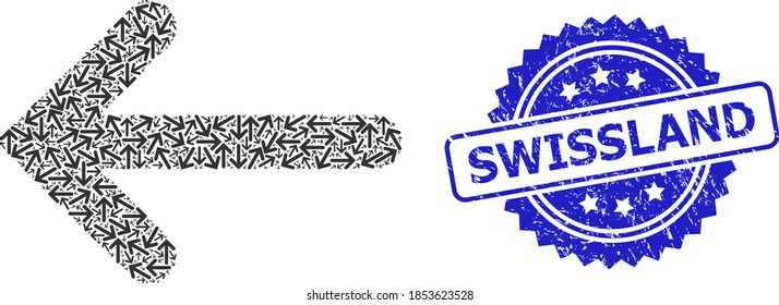 Vektor Fraktal Mosaik links Pfeil und Swissland Gummi-Dichtimitation. Die blaue Stempelversiegelung enthält die Swissland-Marke in der Rosette. Vektormosaik wird erstellt, indem man rotierte linke Pfeilelemente wiederholt.