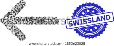 Vector fractal mosaic left arrow, and Swissland rubber seal imitation. Blue stamp seal includes Swissland tag inside rosette. Vector mosaic is created of repeating rotated left arrow items.