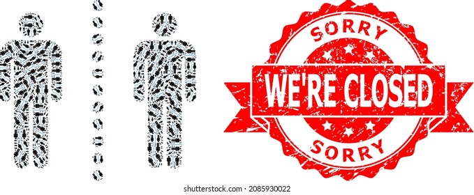 Vector fractal mosaic social distance, and Sorry We'Re Closed textured stamp seal. Red stamp seal contains Sorry We'Re Closed tag inside ribbon.