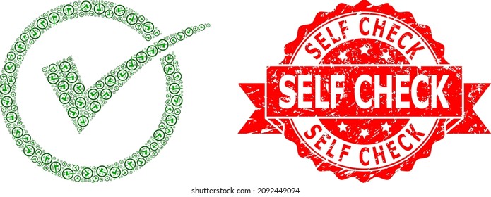 Vector fractal mosaic yes tick, and Self Check rubber seal print. Red stamp seal includes Self Check tag inside ribbon. Vector mosaic is done from random rotated yes tick items.