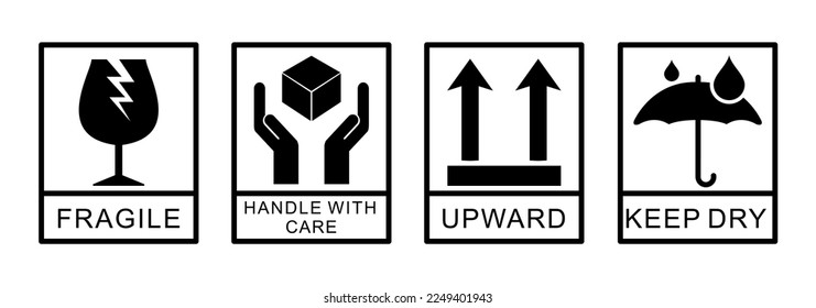 
Vector fragile Paket-Symbole gesetzt, mit logistischer Pflege und Lieferung Versandetiketten behandelt. Fragile Schachtel, trockener Regenschirm, aufwärts, vorsichtig handhaben, Warnschilder 