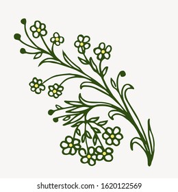 Vector fragment of floral pattern, hand-drawn branch with small flowers for design of patterns, tiles, print on baby clothes, paper, dishes. spring motive.