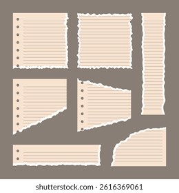 Vector fragments of beige torn notebook paper in a line with a white edge of different sizes