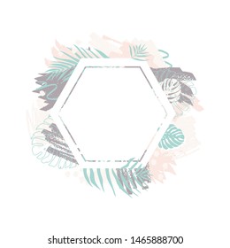 Vector frame in abstract design with spots of paint and tropical monstera leaves and dypsis in a pastel palette.
