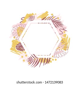 Vector frame in abstract design with spots of paint and tropical monstera leaves and dypsis in a pastel palette.
