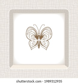 Vector frame abstract geometric pattern of intertwining lines, in light brown tone. Image of a beautiful brown contour butterfly isolated on white background