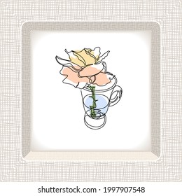 Vector frame abstract geometric pattern of intertwining lines, in light brown tone. Image of rose flower in glass shot with water, isolated on white background, single line, color spots pastel colors
