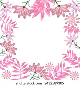 Vector frame with abstract pink flowers and leaves on white background for wedding,quotes, Birthday and invitation cards,greeting cards, print, blogs, bridal cards.
