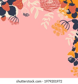 Vector Frame with abstract Strawberry, dark blue leaves, flowers and berries. Pink background. Flat style. Perfect for banner, card, poster, flyer. Strawberries design template 