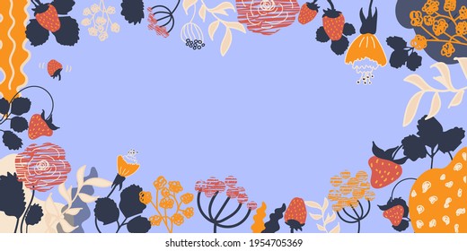 Vector frame with abstract Strawberry, leaves, flowers and berries. Blue background. Flat style. Perfect for banner, card, poster, flyer. Strawberries design template 