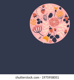 Vector frame with abstract Strawberry, leaves, flowers and berries. Dark blue background with pink round. Flat style. Perfect for banner, card, poster, flyer. Strawberries design template 