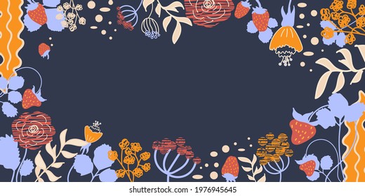 Vector frame with abstract Strawberry, leaves, flowers and berries. Dark blue background. Flat style. Perfect for banner, card, poster, flyer. Strawberries design template 