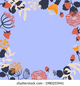 Vektorrahmen mit abstrakter Erdbeere, Blättern, Blumen und Beeren. Blauer Hintergrund. Flacher Stil. Perfekt für Banner, Karten, Poster, Flyer. Erdbeeren-Designvorlage 