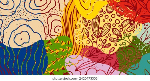 Vector frame with abstract texture spots, organic shapes, collage, patchwork. Hand drawn colored background, banner, wallpaper, wall.