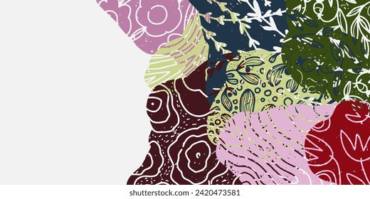 Vector frame with abstract texture spots, organic shapes, collage, patchwork. Hand drawn colored background, banner, wallpaper, wall.