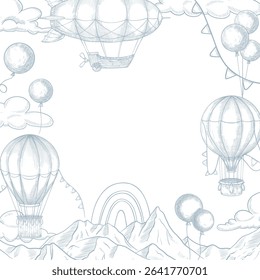 Quadro vetorial com dirigíveis, balões, montanhas e nuvens em estilo desenhado à mão linear. Ilustração do esboço da borda com aerostatos Adequado para cartões de cumprimentos do chuveiro do bebê ou convites infantis.