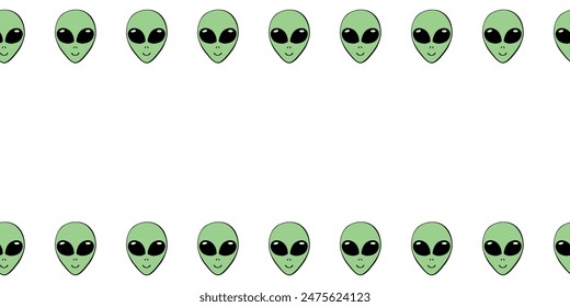 Vector frame from Aliens green heads in doodle flat style. Horizontal top and bottom edging, border, decoration on theme of space, UFO, conspiracy theory, Sci-fi, fantastic