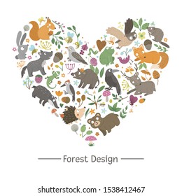 Vector frame with animals and forest elements on black background. Natural themed banner framed in heart shape. Cute funny woodland card template