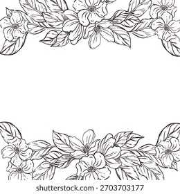 Vector frame of apple and plum blossoms, leaves, all objects hand-drawn with ink and converted into vector. The illustration is perfect for printing on food packaging, cosmetics and kitchen textiles.