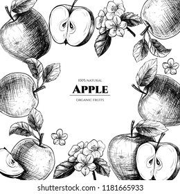 Vector frame with apples. Hand drawn. Vintage style