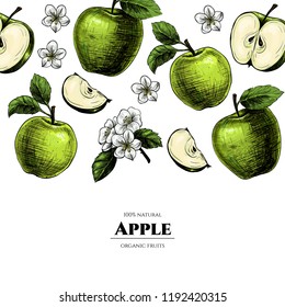 Vector frame with apples. Hand drawn. Vintage style