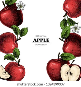 Vector frame with apples. Hand drawn. Vintage style