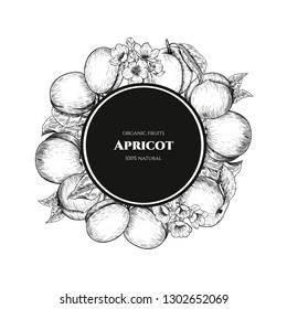Vector frame with apricots and flowers. Hand drawn. Vintage style