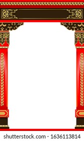 Vector frame arch. Red wooden carved arched entry portal in Japanese or Chinese style. Gate or arbor