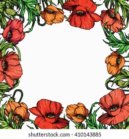 Vector frame art with colorful hand drawn poppies. EPS 8.