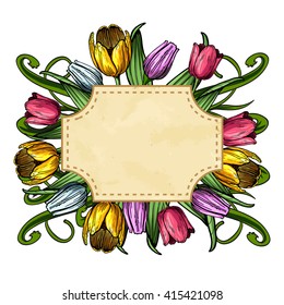Vector frame art with colorful hand drawn tulips. EPS 8.